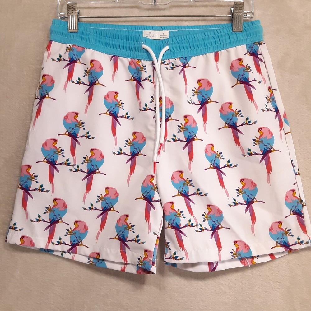 Public Record Mens Drawstring Swim Shorts Sz.S/Pink-Blue/Parakeet Bird Print